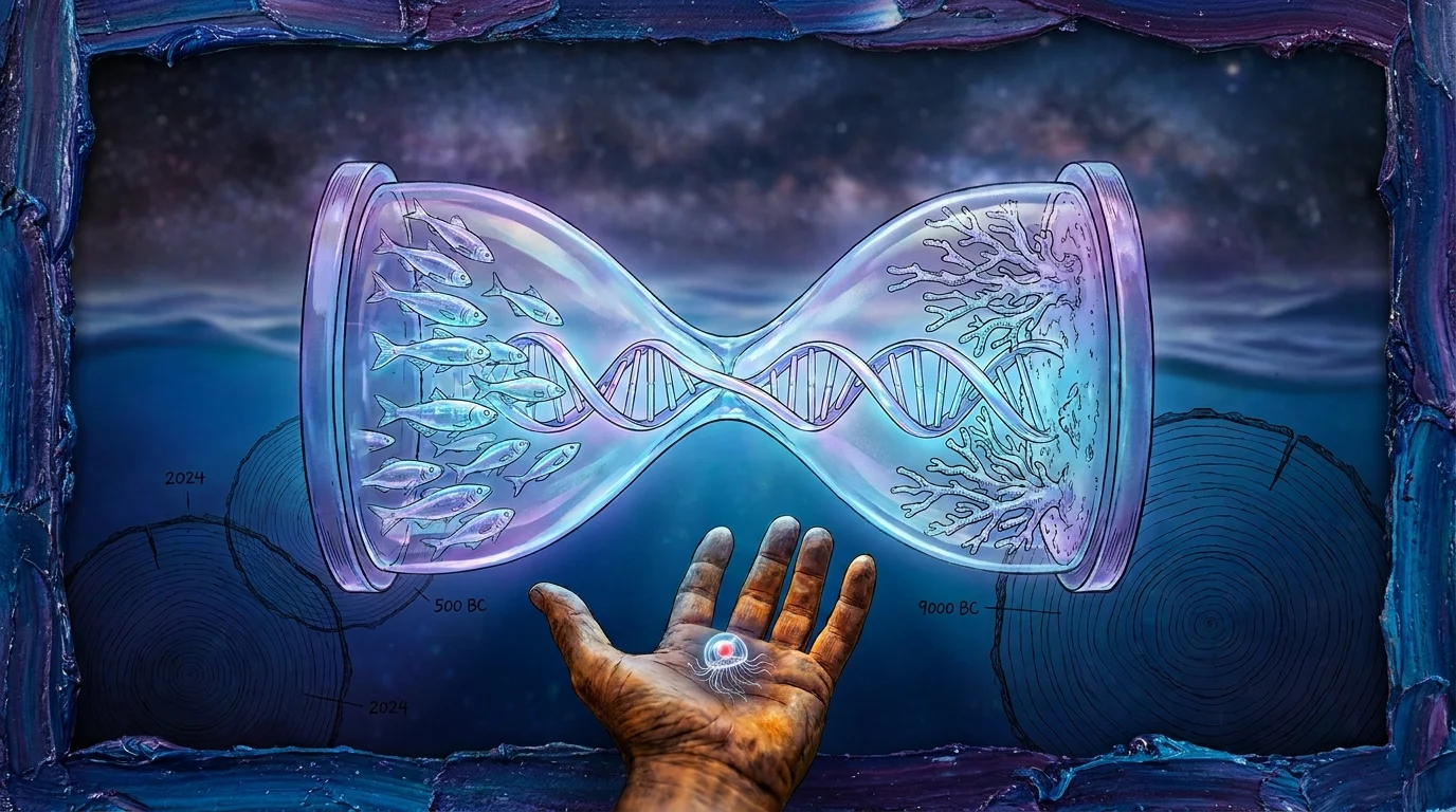 A conceptual hourglass filled with glowing DNA, merging with ocean life and ancient dates, representing long-lived animals.