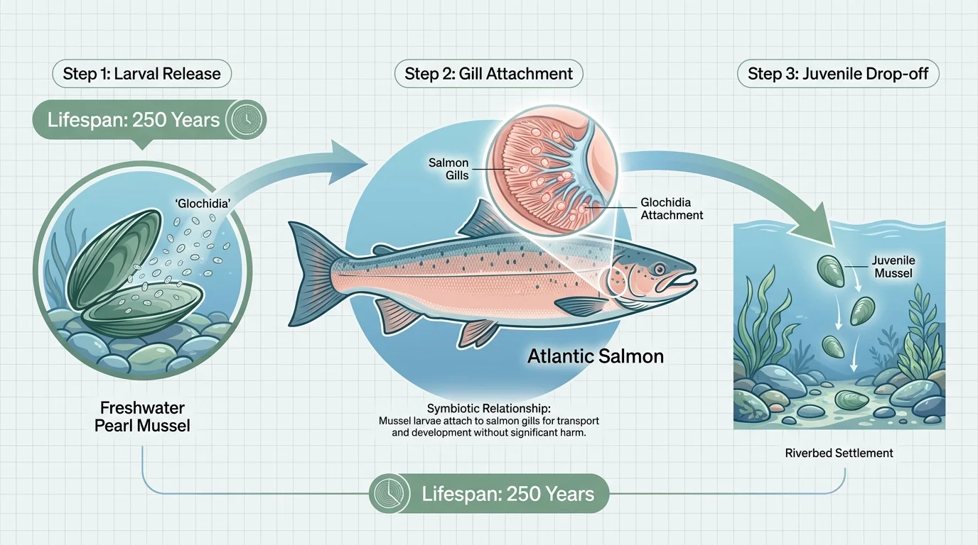 A flowchart showing how freshwater pearl mussel larvae attach to salmon gills to complete their life cycle.