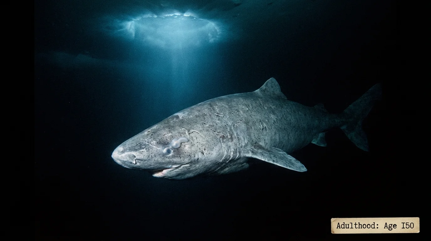 A Greenland shark with ancient, scarred skin swimming through dark, cold Arctic water.