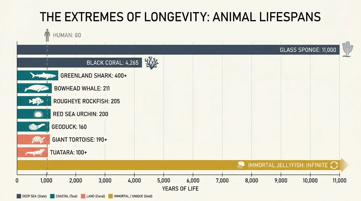 A horizontal bar chart comparing the lifespans of the 12 animals against the 80-year human life expectancy.