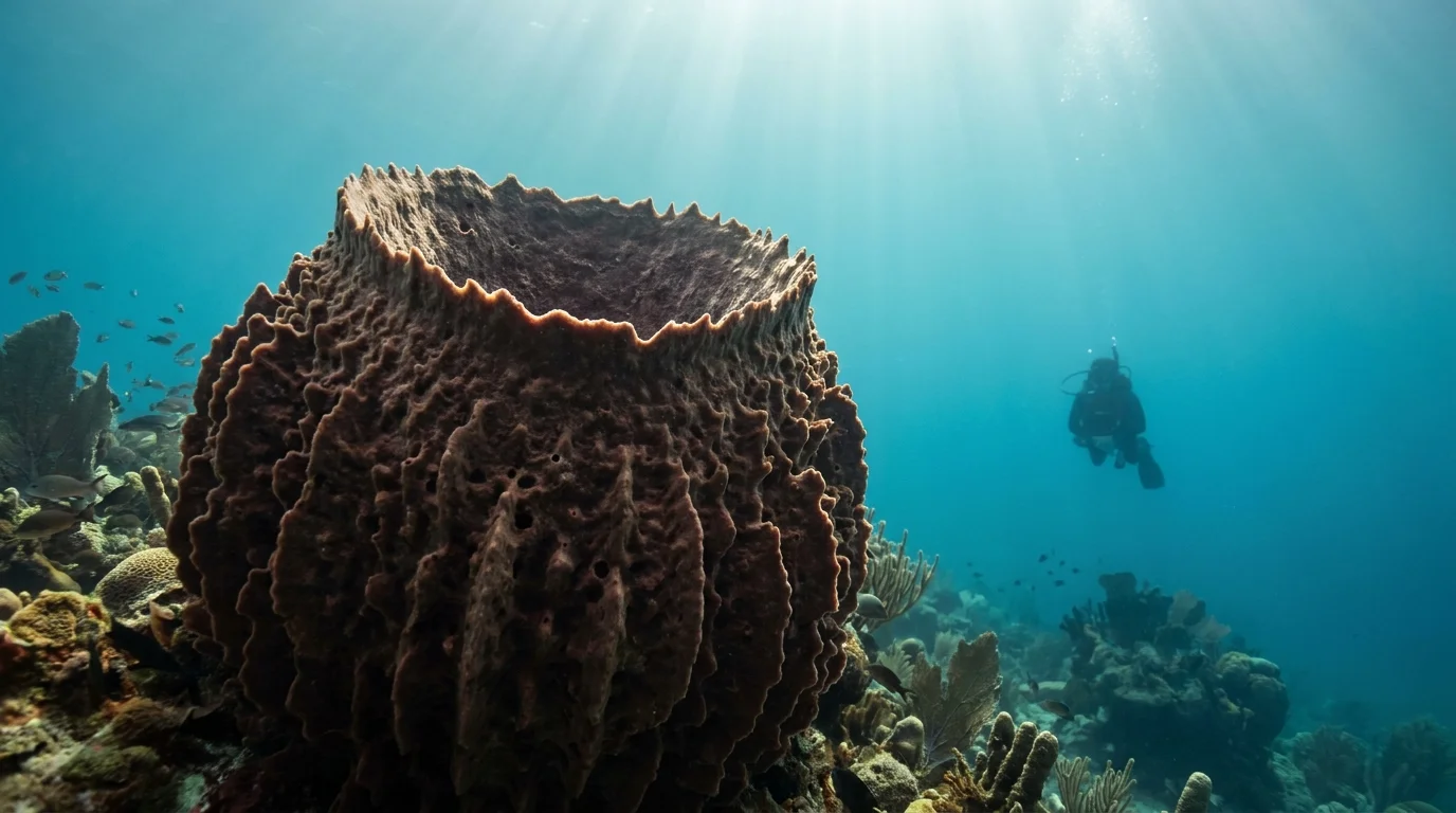 A massive, reddish-brown giant barrel sponge on a Caribbean reef with a diver in the background for scale.