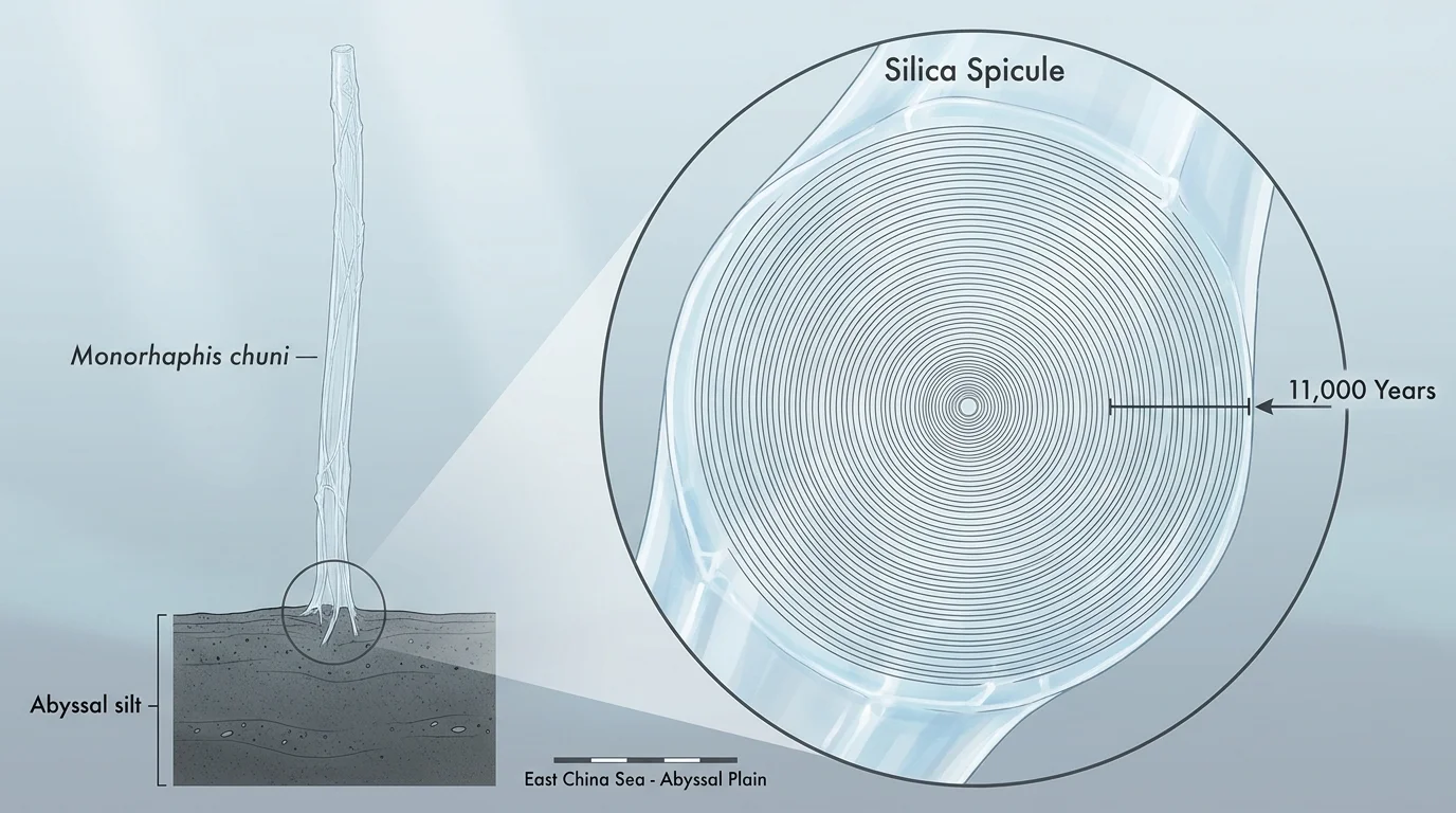 A scientific diagram showing the concentric silica rings of a glass sponge, labeled with its 11,000-year lifespan.