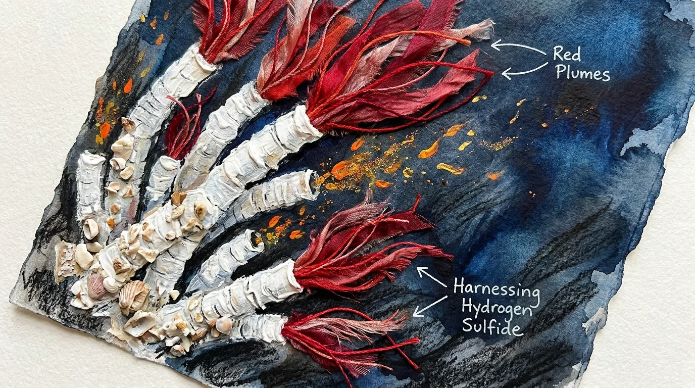 A textured illustration of deep-sea tube worms with bright red plumes near a glowing hydrothermal vent.