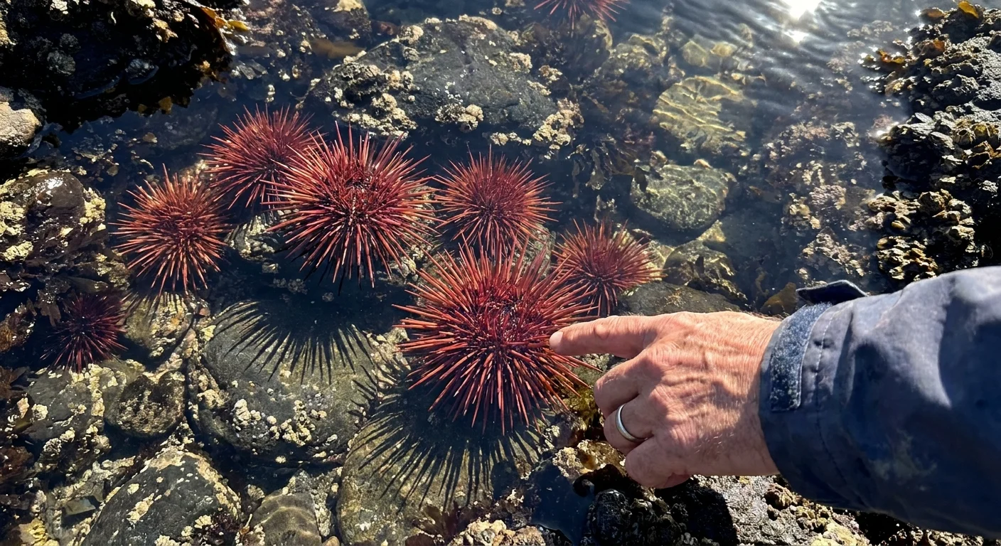 A vibrant red sea urchin in a rocky tide pool, photographed from a high angle in natural sunlight.