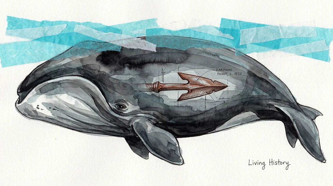 An illustration of a bowhead whale with a century-old antique harpoon point embedded in its side.
