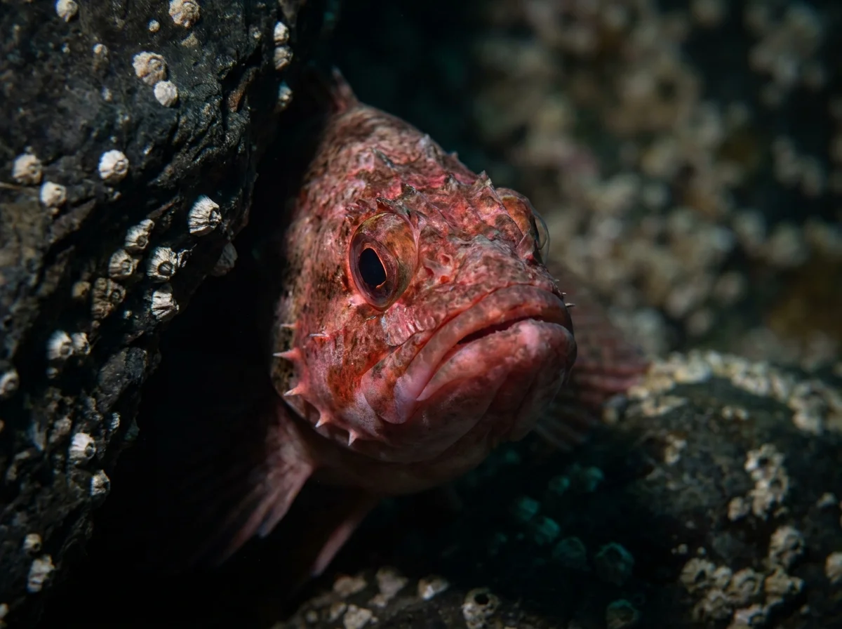 Macro photo of a red Rougheye Rockfish in a rocky crevice, showing the detailed spines near its eye.