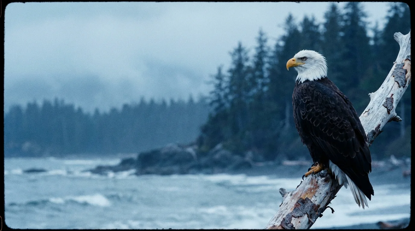A 35mm film photo of a bald eagle perched on a driftwood branch overlooking a misty, dark coastal forest.