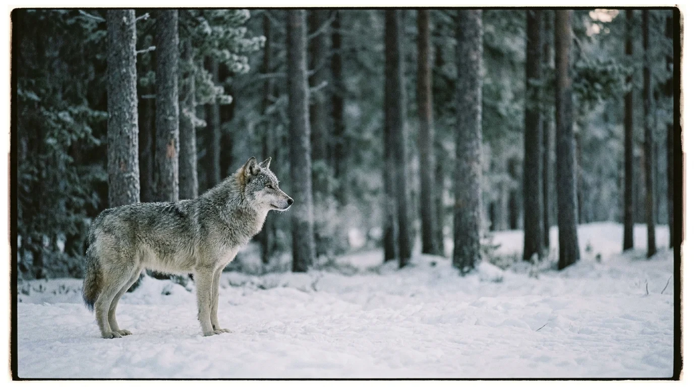 A 35mm film photo of a gray wolf standing at the edge of a snowy forest, its breath visible in the cold morning air.