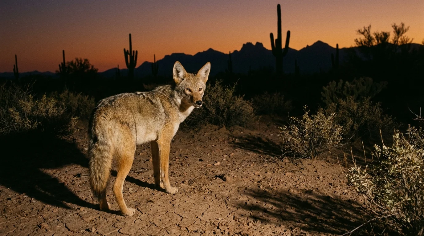 A 35mm film photograph of a coyote standing on a desert ridge at sunset, looking back with an intelligent gaze.
