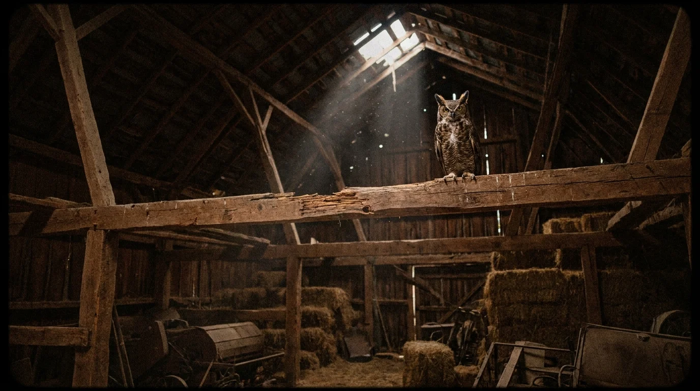 A 35mm film photograph of a great horned owl in the dark rafters of an old barn, its yellow eyes glowing in a beam of moonlight.