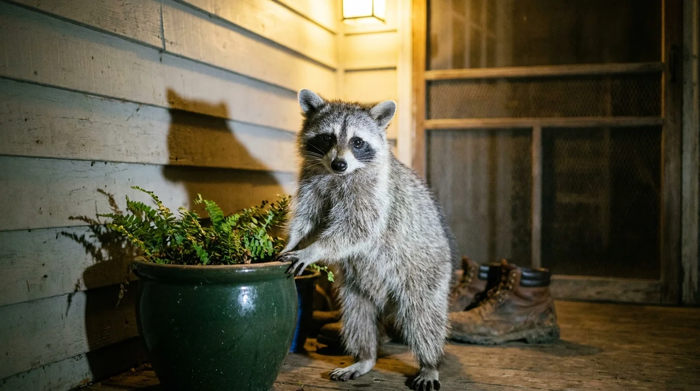 A 35mm film photograph of a raccoon standing on its hind legs on a porch, investigating a flower pot under a yellow light.