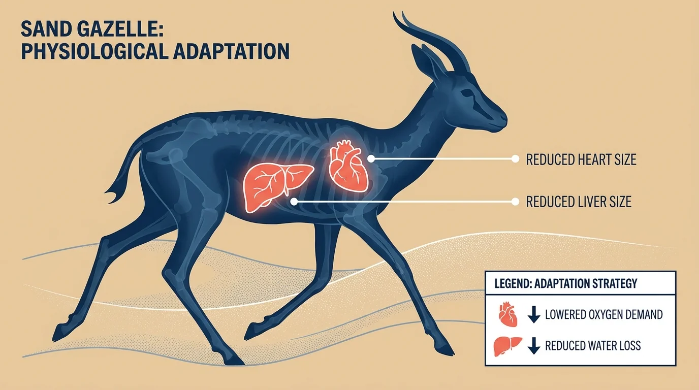 A biological diagram of a sand gazelle highlighting its heart and liver with labels about organ size reduction.