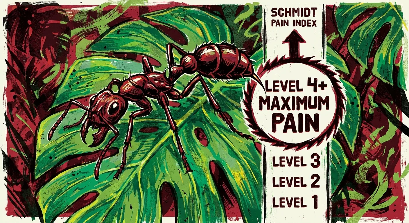 A bold graphic illustration of a large black ant with a stinger, labeled with a pain level scale.
