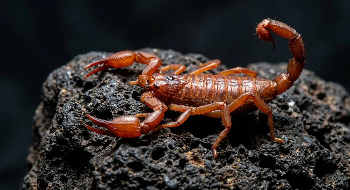 A bright orange-red scorpion crawling across a dark, textured black rock.