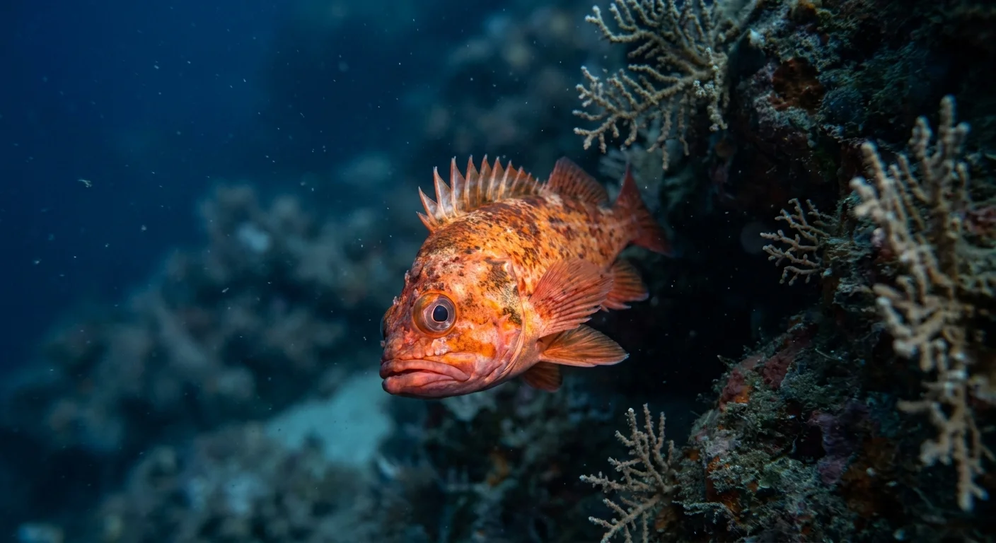 A bright red Rougheye Rockfish floating in the dark blue depths of the ocean near a rocky reef.