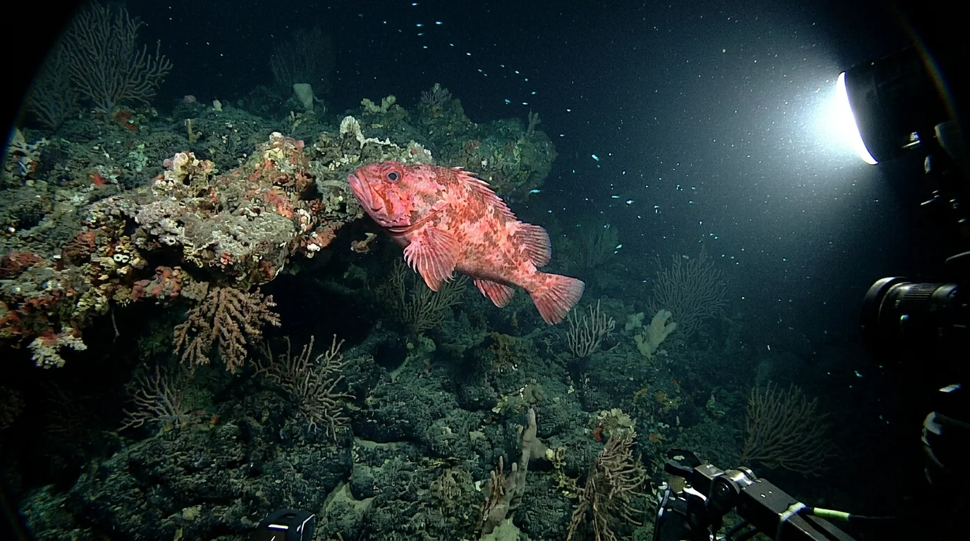 A bright red Rougheye Rockfish swimming near a deep-sea rocky reef in dark ocean water.