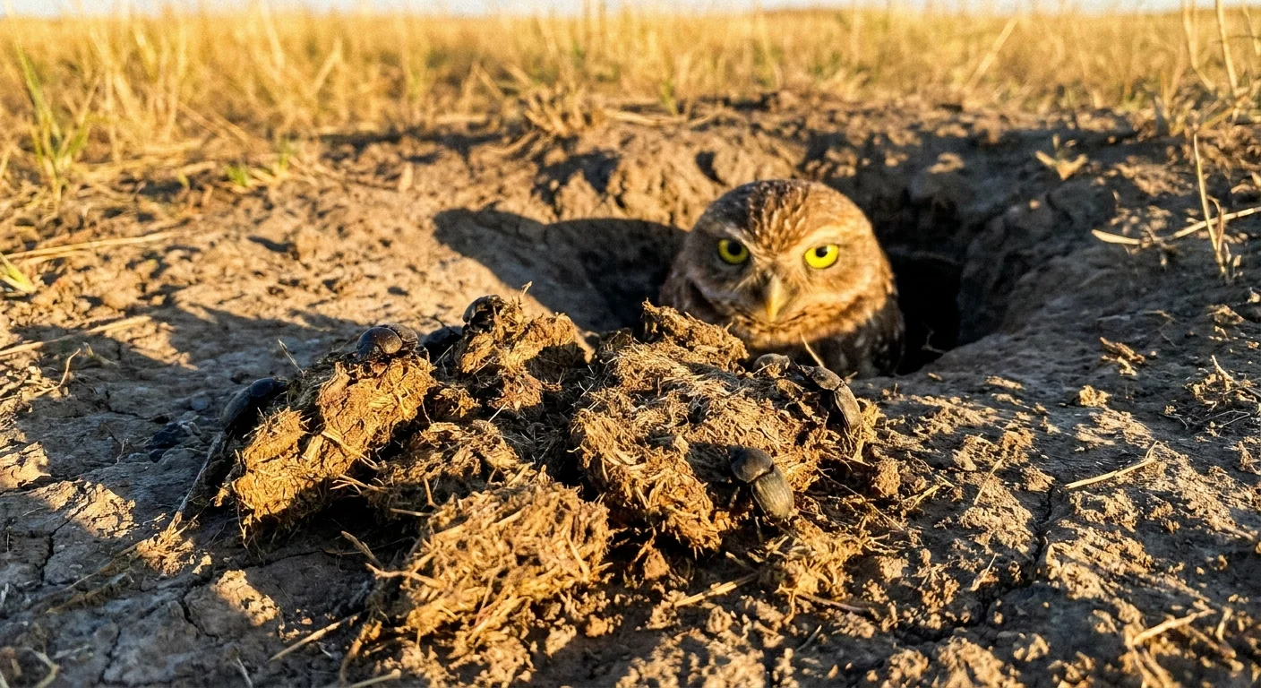 A Burrowing Owl looking out from its hole at a pile of manure that has attracted several beetles.