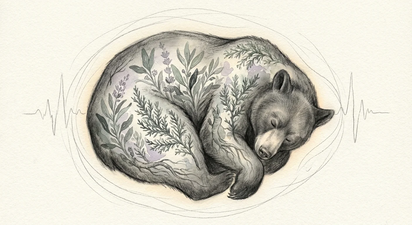 A charcoal and watercolor illustration of a hibernating bear filled with images of healing medicinal plants.