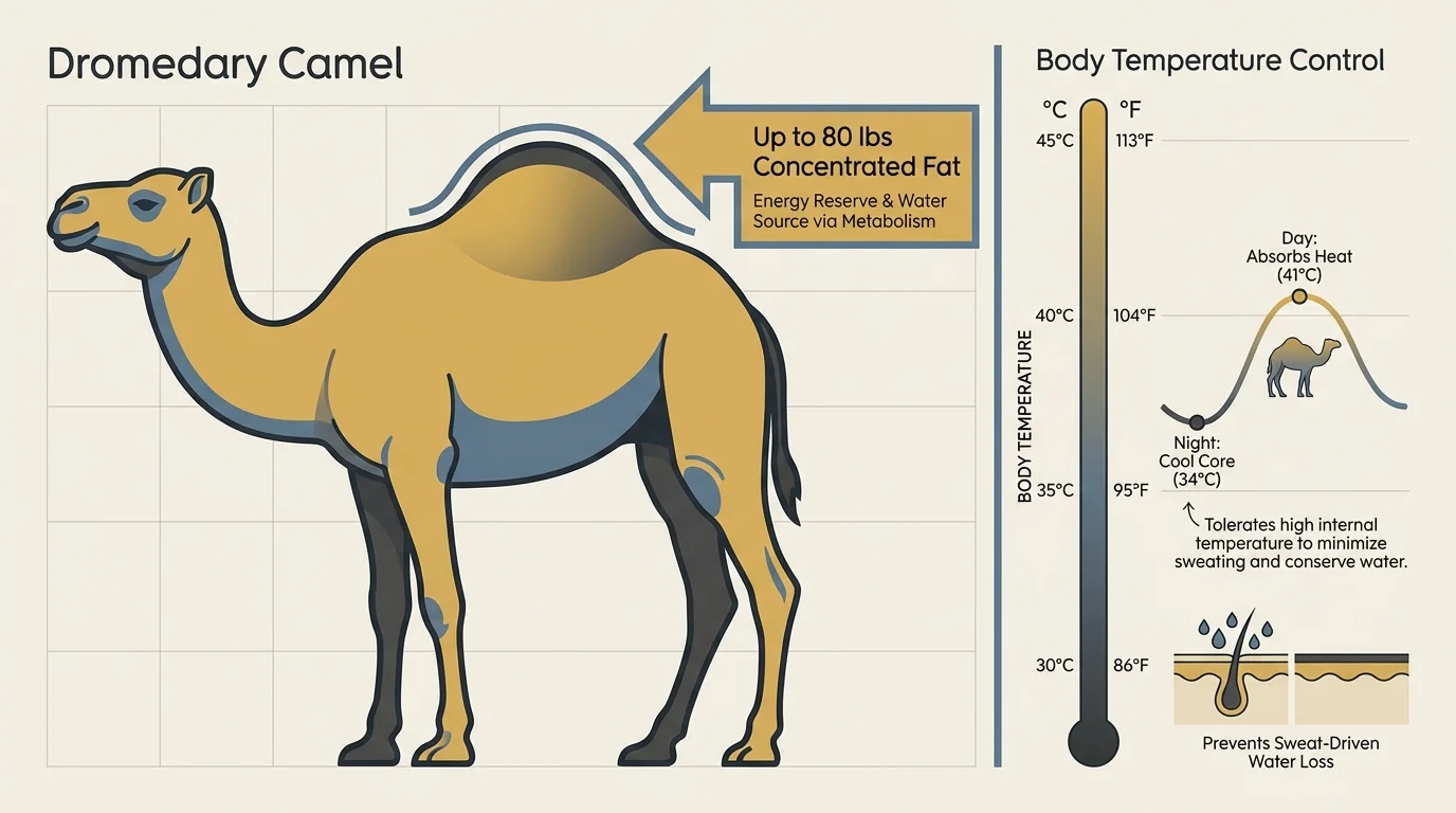 A clean biological diagram of a camel showing fat storage in the hump and a thermal graph of its body temperature regulation.