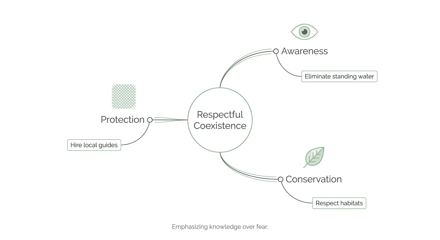 A clean concept map showing steps for safety and conservation when dealing with small dangerous animals.