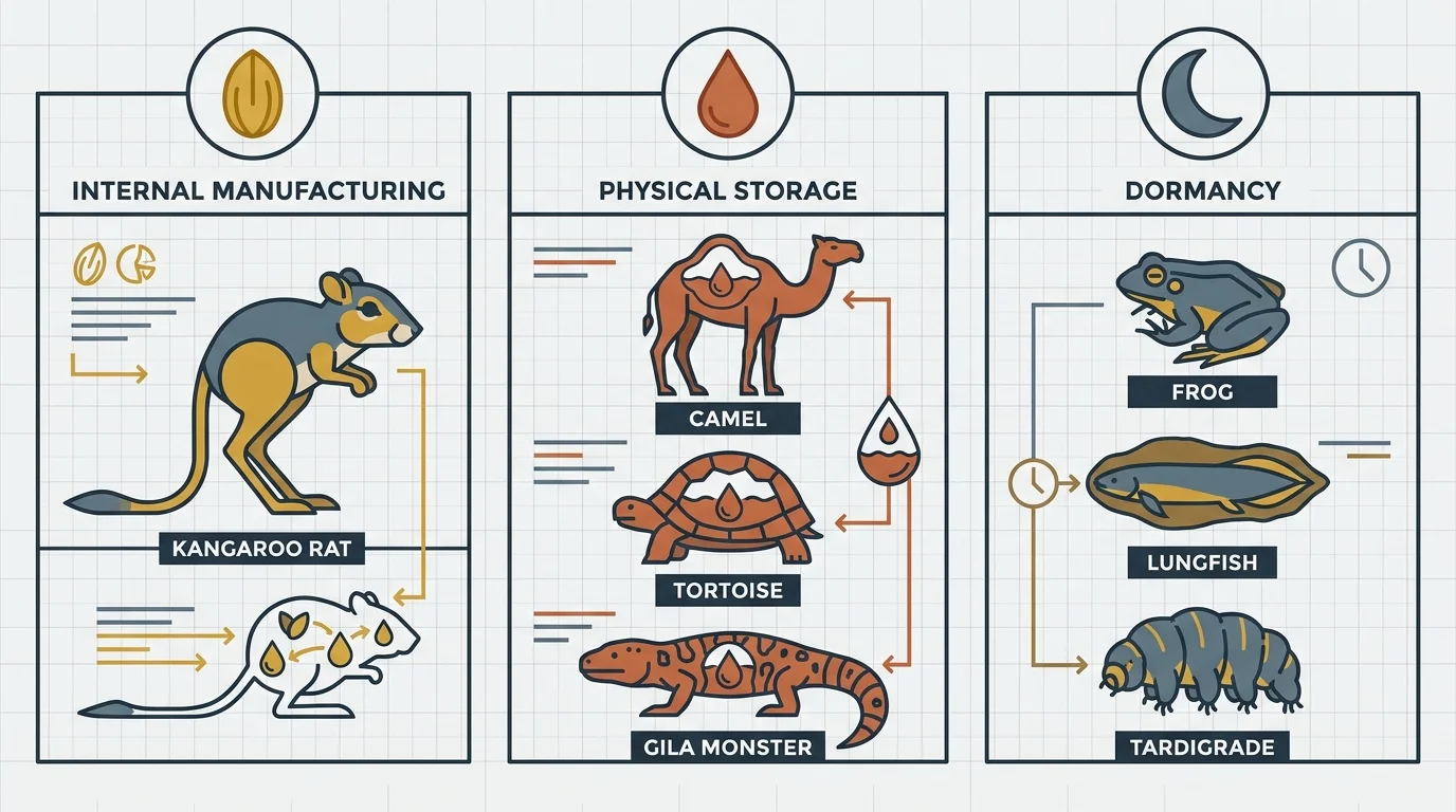A clean infographic categorizing desert animals by their survival strategies: manufacturing, storage, or dormancy.