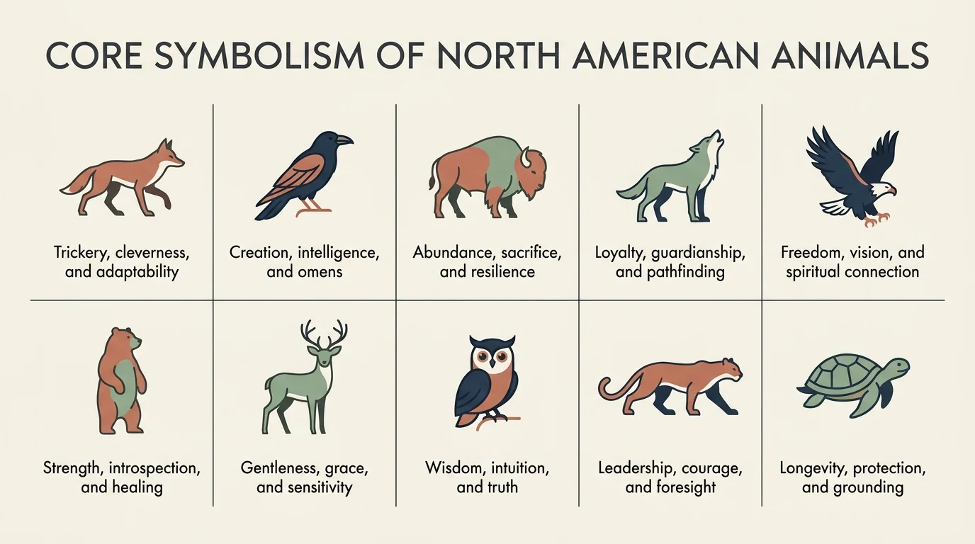 A clean infographic grid showing ten North American animals with their scientific names and symbolic meanings like 'Trickery' and 'Resilienc