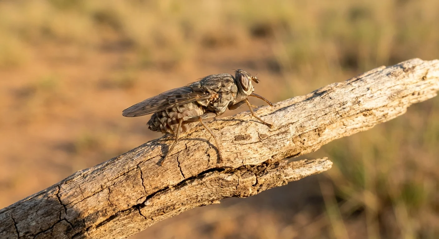A close-up of a brown fly with folded wings resting on a piece of dry wood in the savannah.