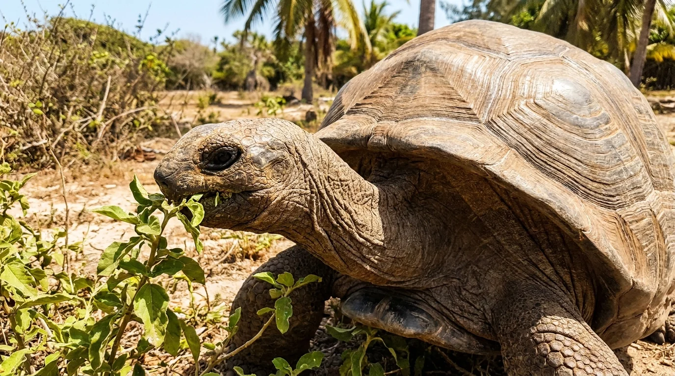 A close-up of a giant tortoise's wrinkled face and neck as it eats leaves on a sunny tropical island.