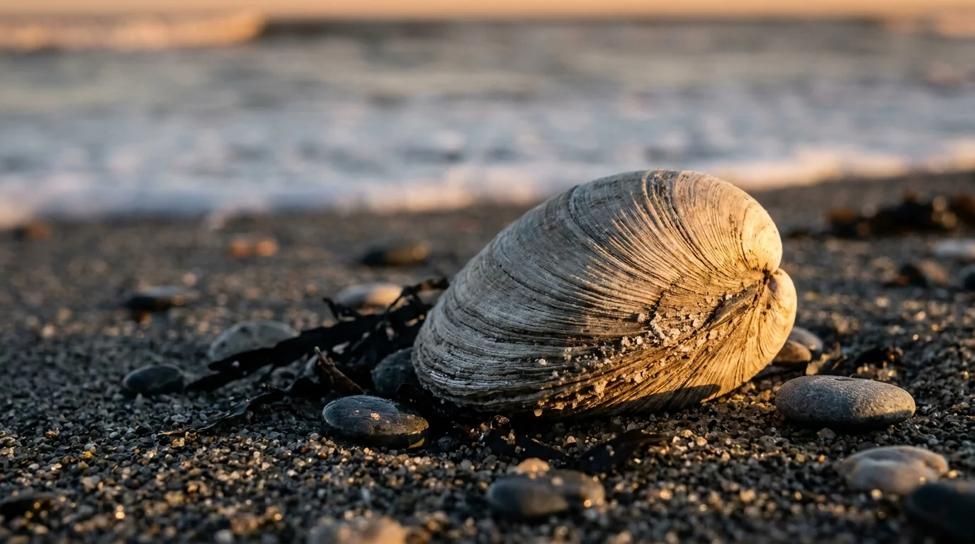 A close-up of an Ocean Quahog shell on a beach, showing the many fine growth rings that indicate its 400-year life.