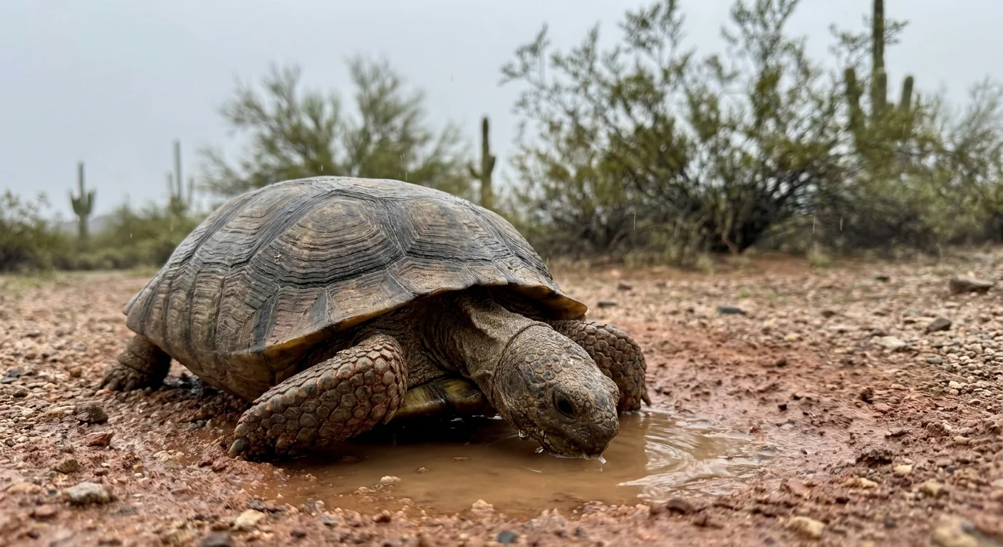A close-up photo of a desert tortoise drinking from a small pool of water in the red desert soil during a rain shower.