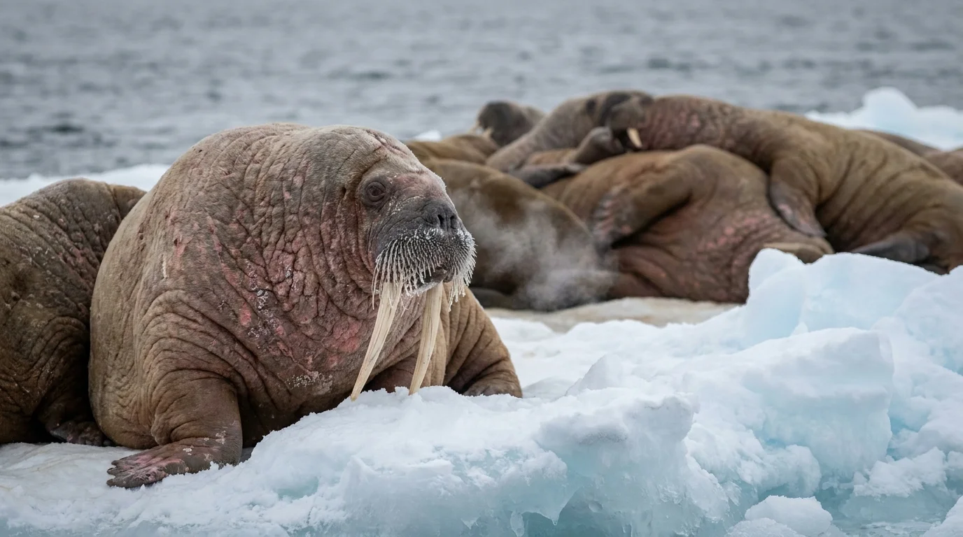 A close-up photo of huddled walruses on Arctic ice, showing the texture of their scarred skin and thick tusks.