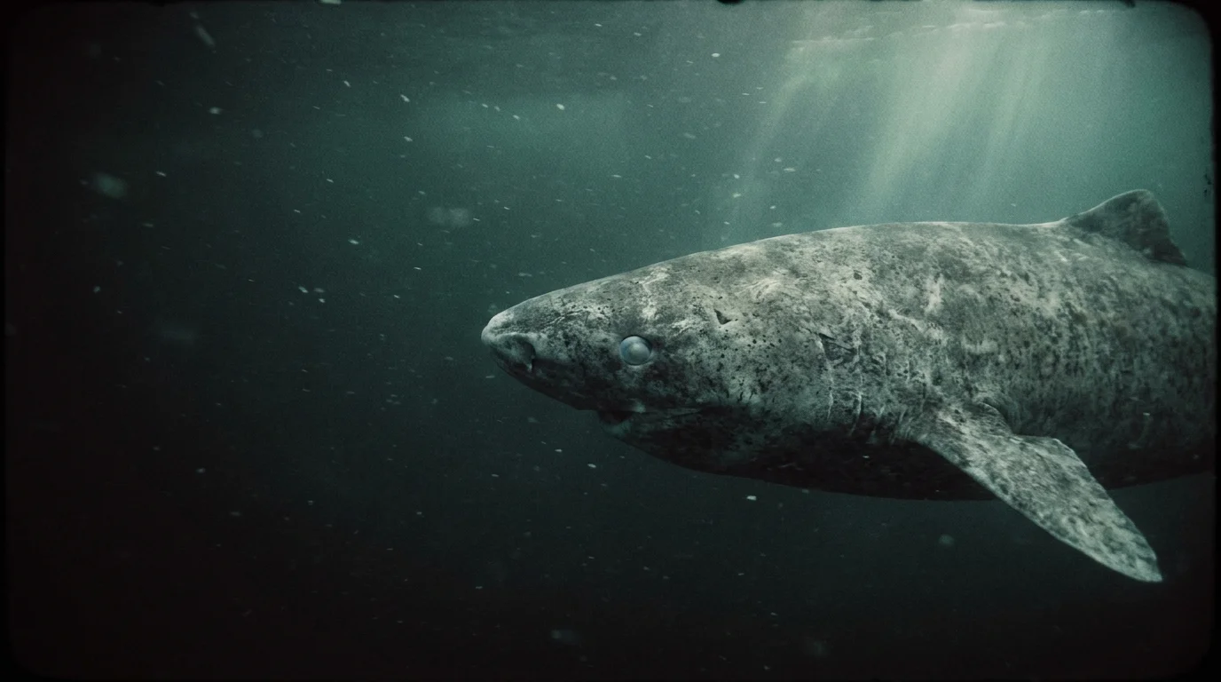 A close-up photograph of a Greenland shark's textured skin and cloudy eye as it swims through dark, icy arctic waters.