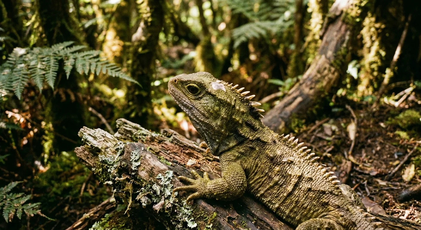 A close-up photograph of a Tuatara lizard, showing its unique scales and the spiny crest on its back in a forest setting.