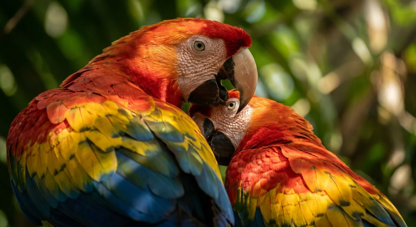 A close-up photograph of two vibrant Scarlet Macaws preening each other's feathers in a tropical forest.