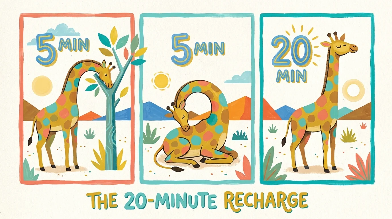 A colorful mid-century style illustration showing three different poses a giraffe takes for its short 5-to-20 minute naps.