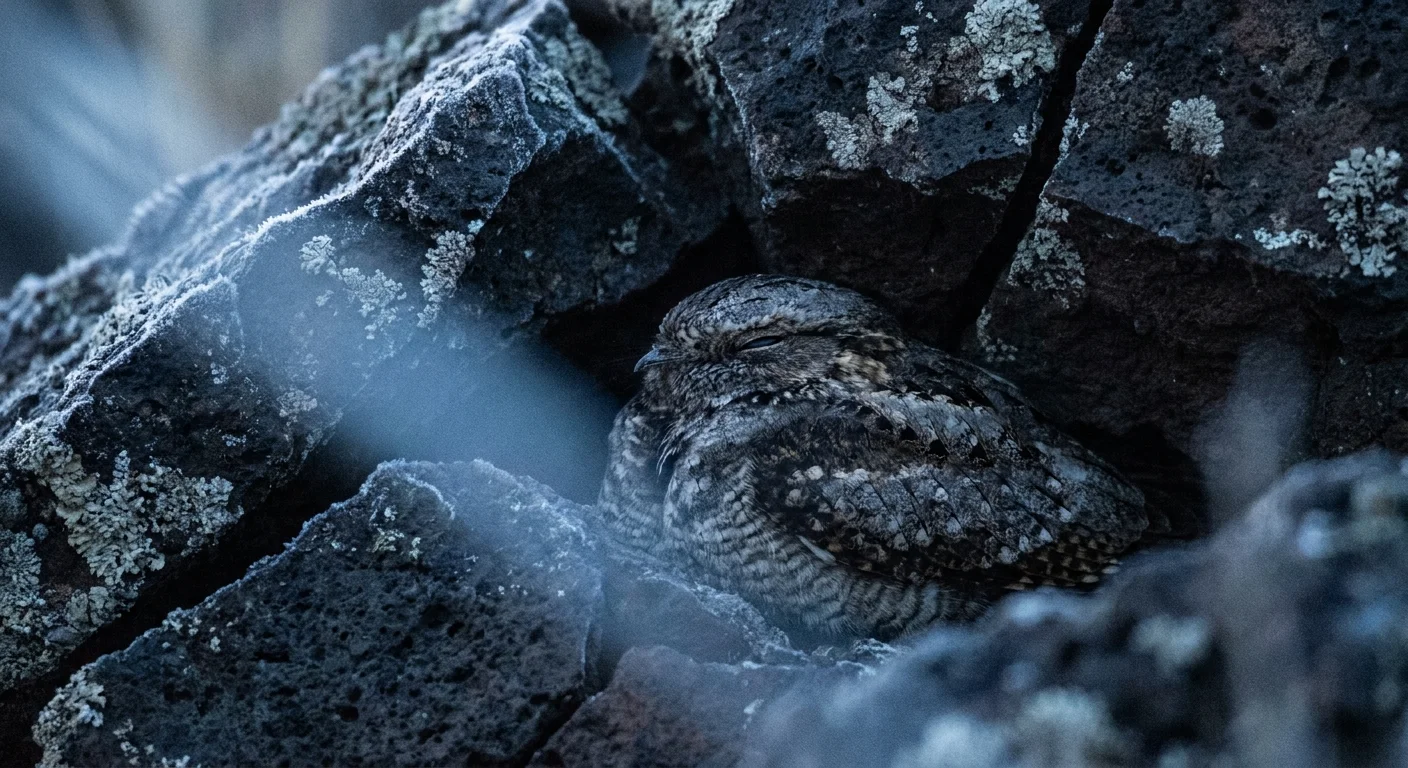 A Common Poorwill bird camouflaged and sleeping deeply inside a dark rock crevice during winter.