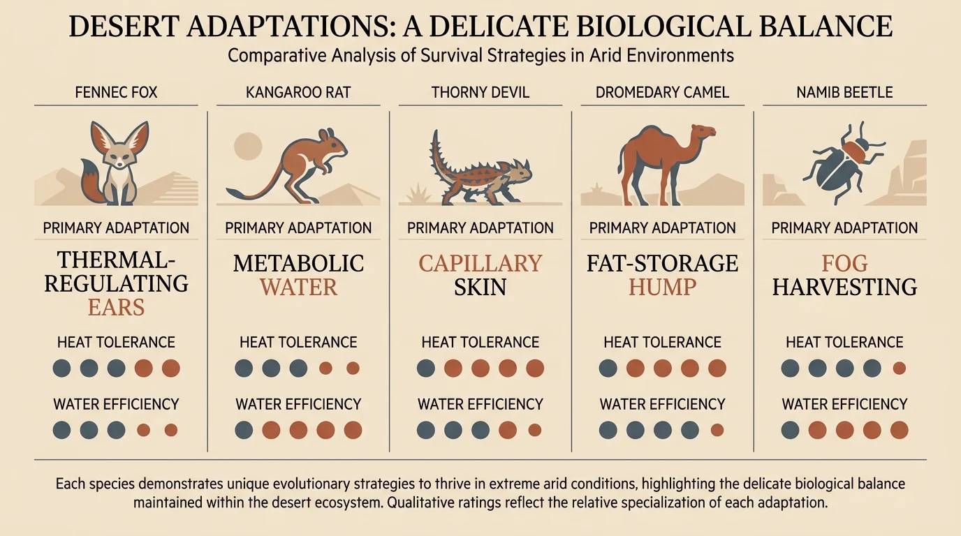 A comparative infographic showing the unique survival strategies of the Fennec Fox, Kangaroo Rat, Thorny Devil, Camel, and Beetle.