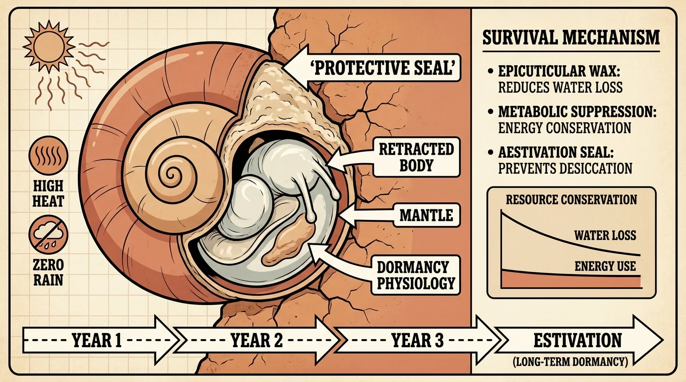 A cross-section diagram of a desert snail sealed inside its shell with labels showing how it sleeps for years to survive heat.