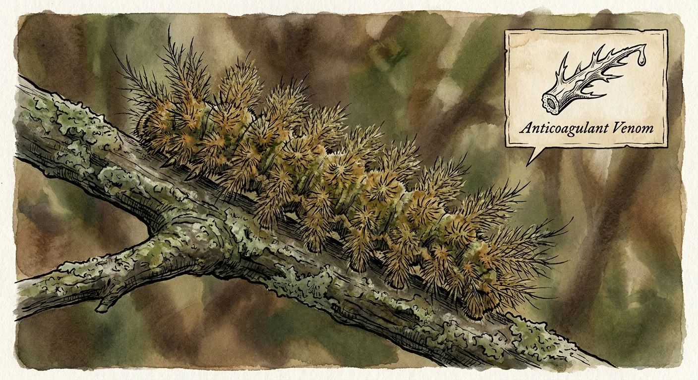 A detailed painting of a green and brown caterpillar covered in complex, tree-like stinging spines.