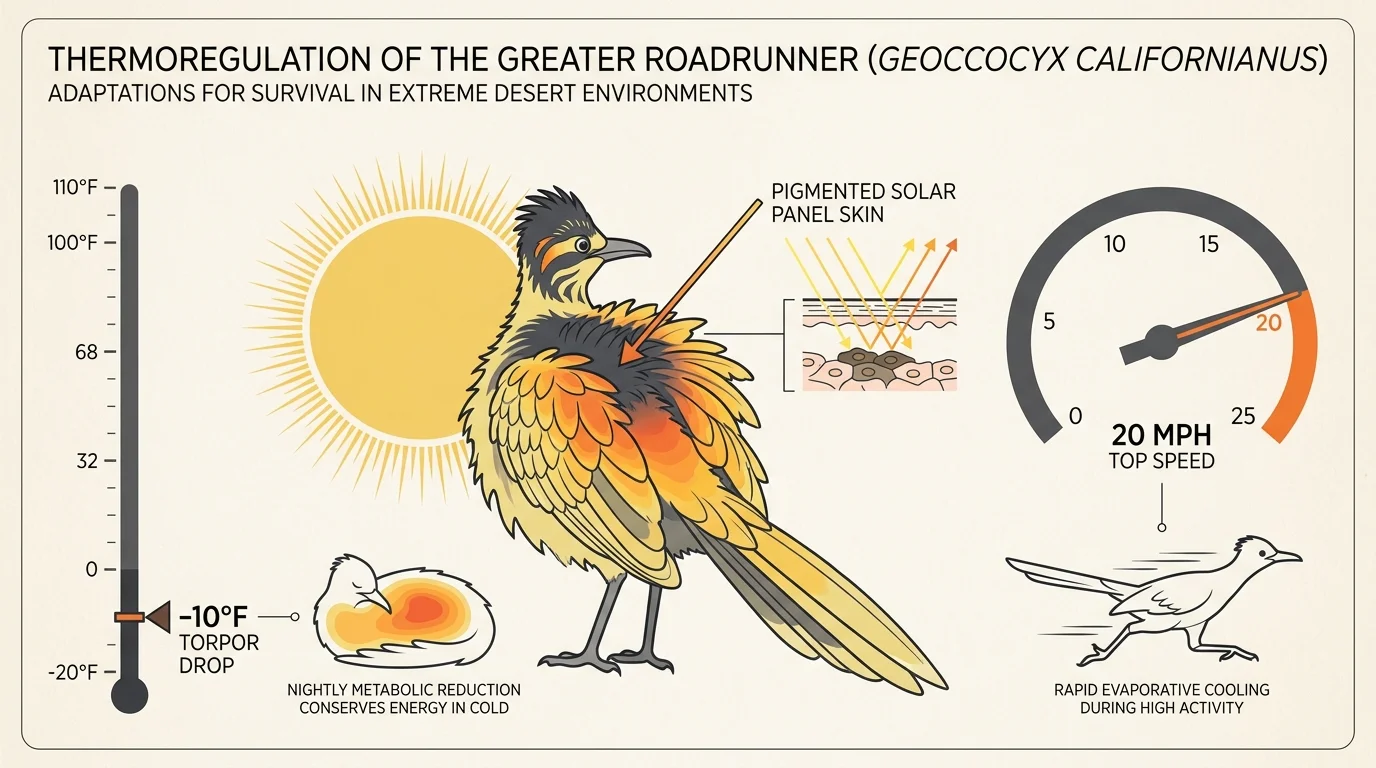 A diagram showing how the roadrunner uses its back skin to absorb solar energy and its temperature drop during torpor.
