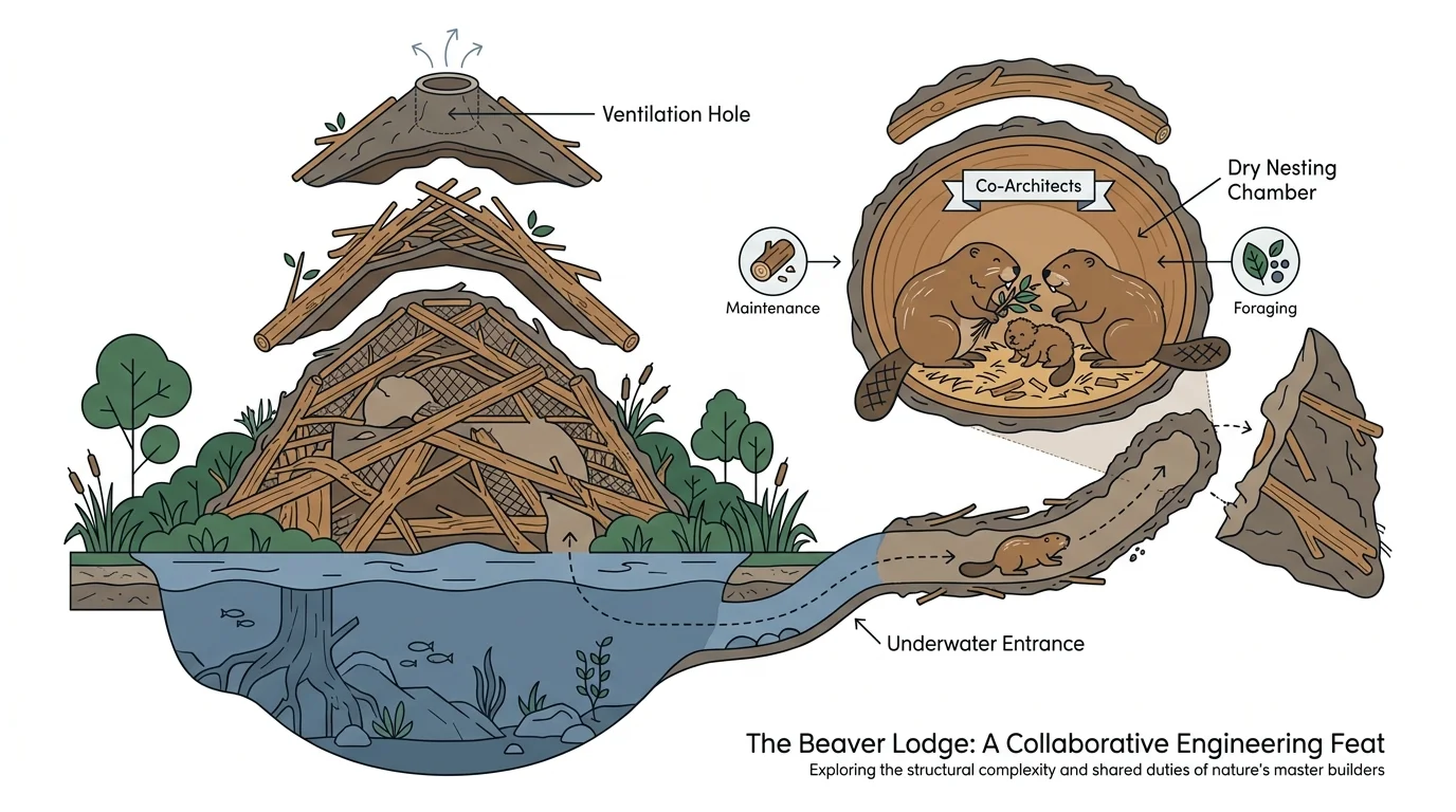 A diagram showing the cross-section of a beaver lodge with labels for the underwater entrance and nesting chamber.