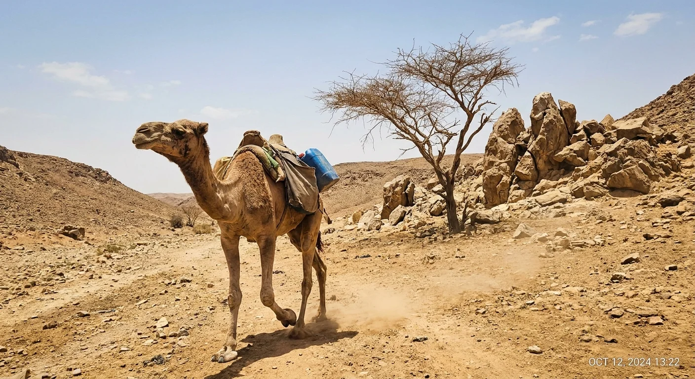 A dromedary camel walks through a harsh, sun-drenched desert valley, showing its large hump and padded feet adapted for heat.