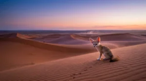 A Fennec Fox sits on a Sahara sand dune at dawn, its large ears highlighted by the soft morning light in a wide desert landscape.