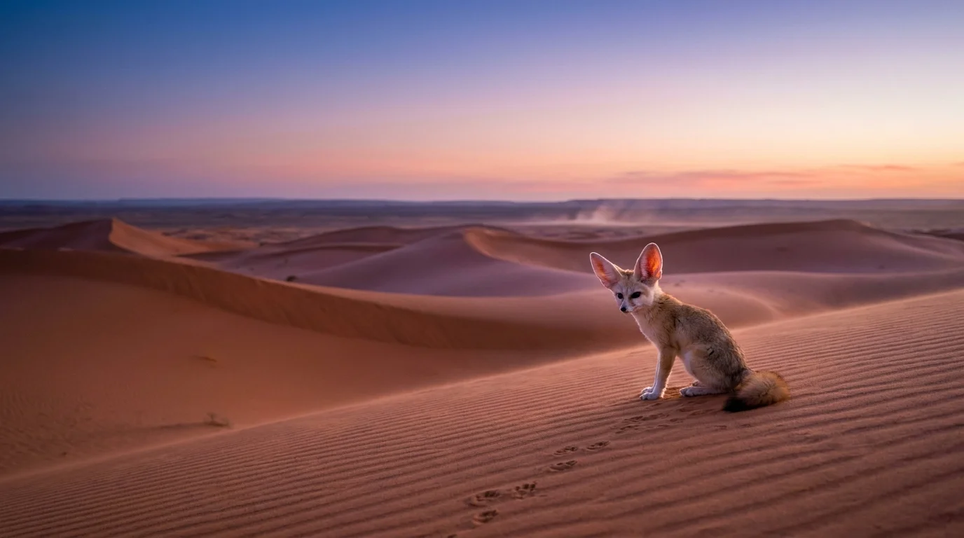 A Fennec Fox sits on a Sahara sand dune at dawn, its large ears highlighted by the soft morning light in a wide desert landscape.