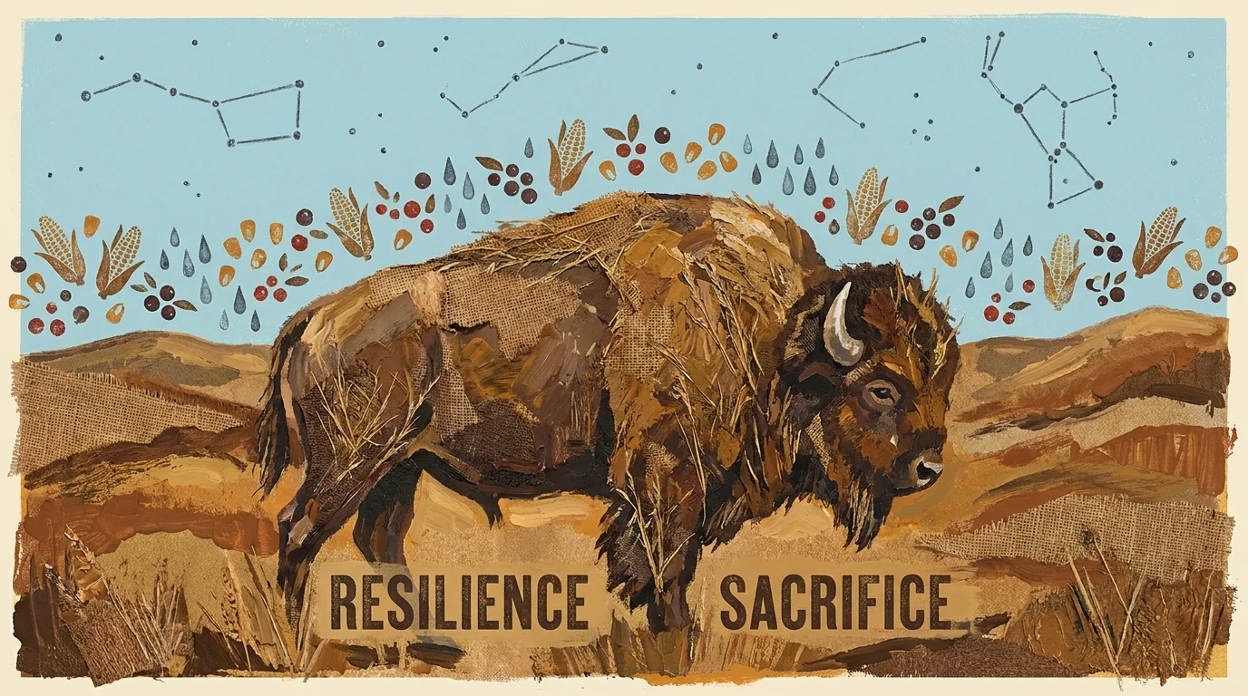 A folk-art style mixed media piece showing a bison made of prairie textures under a sky of stars and seeds.