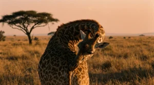A giraffe in the savanna sleeping with its neck curled back, resting its head on its rump during a golden sunset.