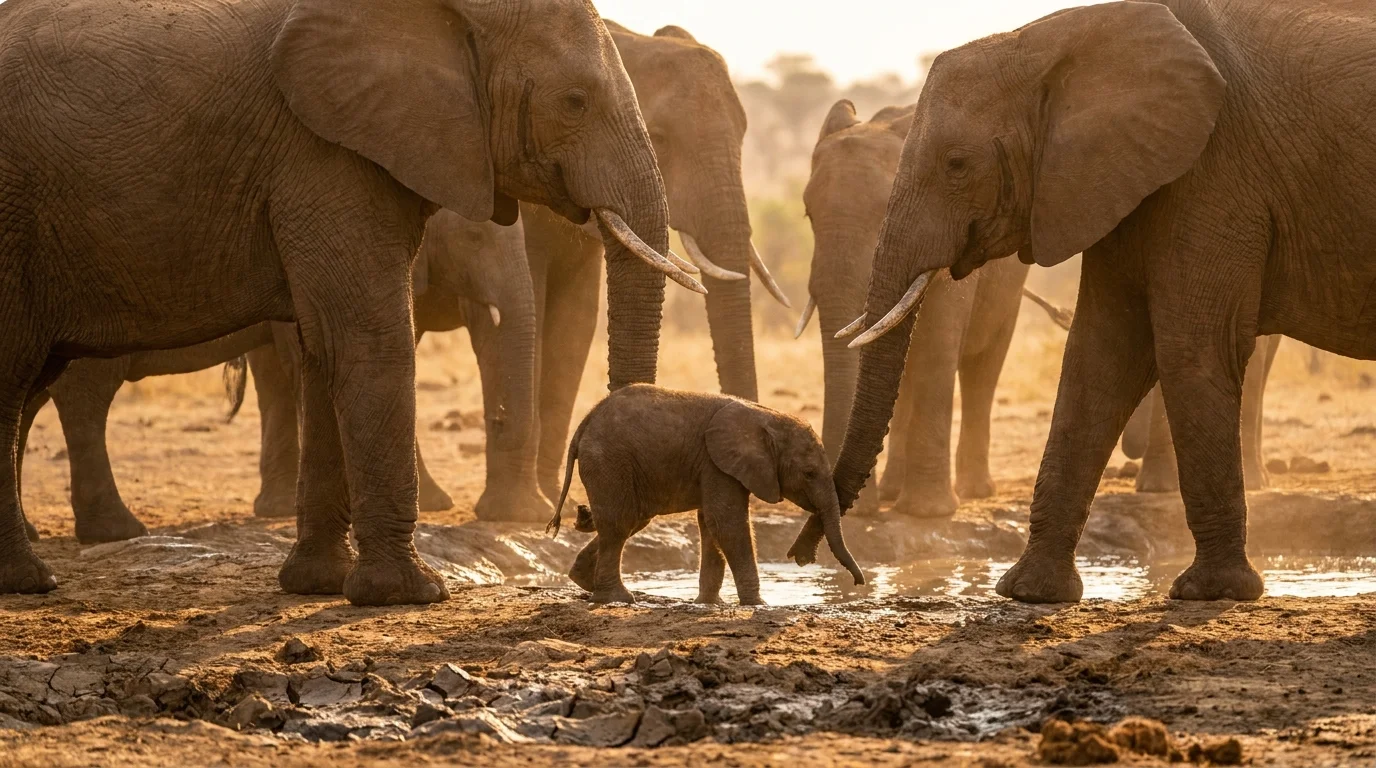 A group of female elephants stands in a protective circle around a young calf at a dusty watering hole.