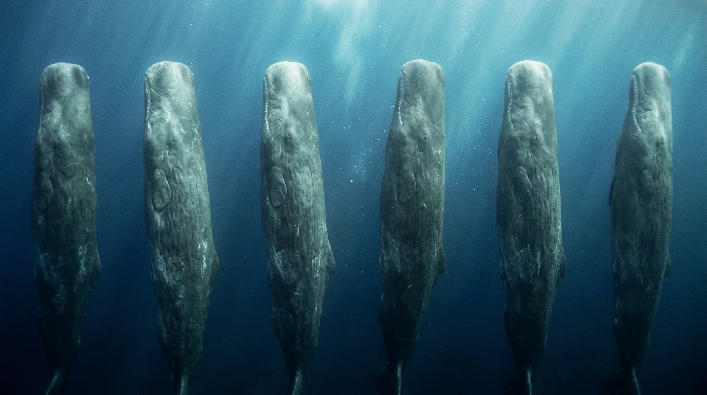 A group of sperm whales sleeping vertically in the deep blue ocean, looking like giant floating pillars.