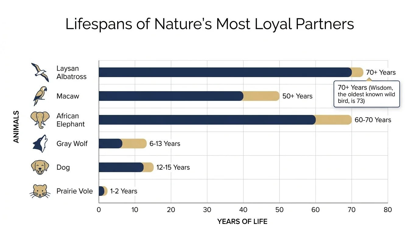 A horizontal bar chart comparing animal lifespans, showing the albatross at 70+ years and macaws at 50+ years.