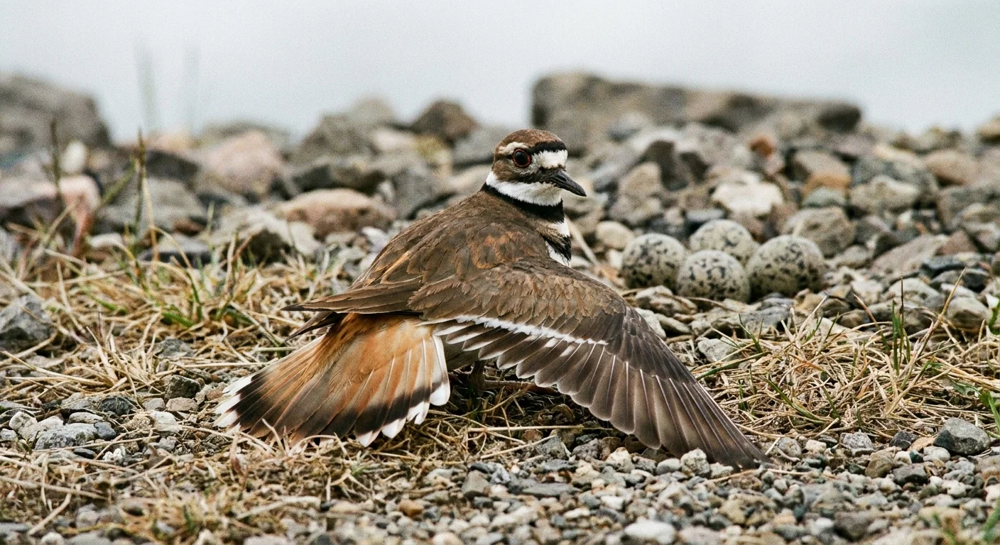 A Killdeer bird on the ground faking a broken wing to distract predators from its nearby nest.